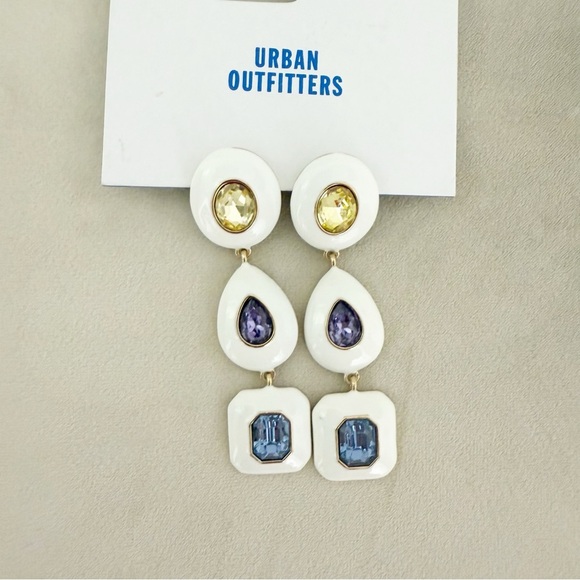 NWT Urban Outfitters White Dangly Earrings With Colored Stones - Picture 1 of 3